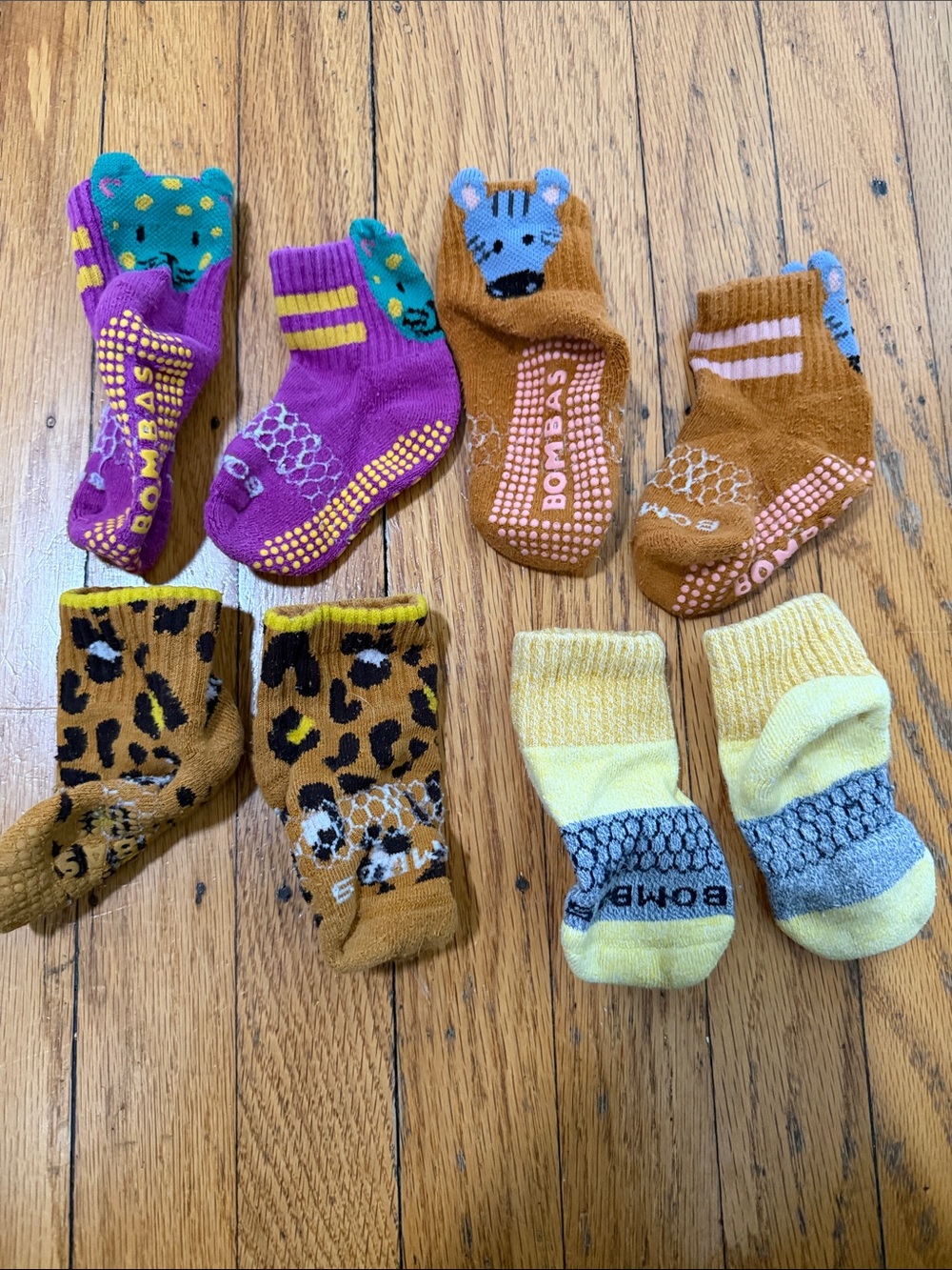 Bombas Toddler Gripper Socks-  Animal & Stripe in Purple, Brown, Yellow, Teal